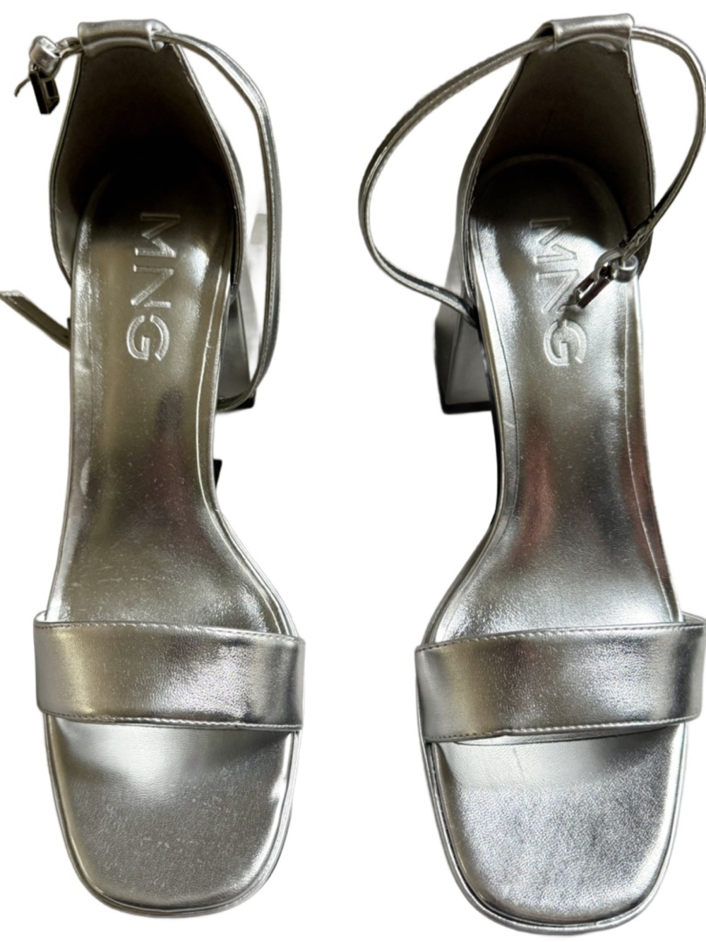 Mango Silver Metallic Block Heel Ankle-Strap Sandals